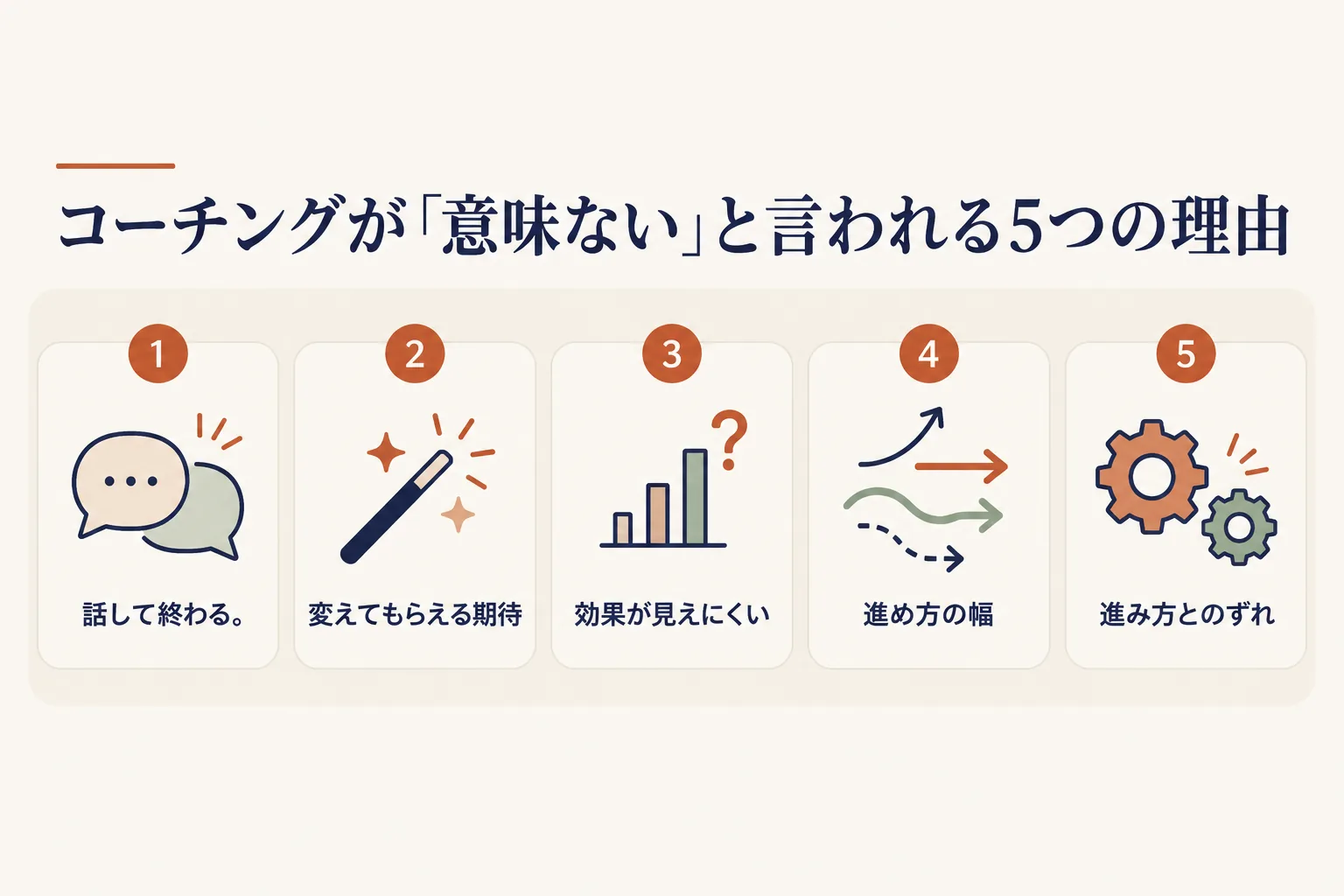 コーチングが意味ないと言われる5つの理由:話して終わる、変えてもらえる期待、効果が見えにくい、進め方の幅、進み方とのずれ