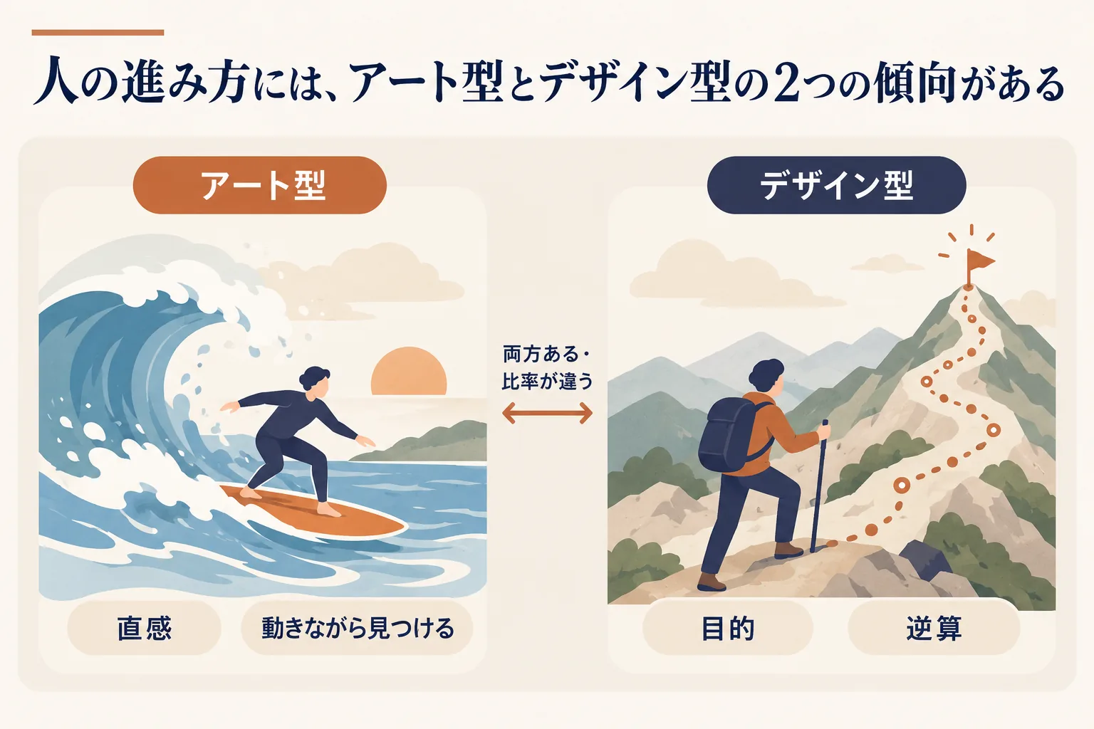 アート型は衝動・直感から動きながら行き先を見つける波乗り、デザイン型は目的から逆算する登山