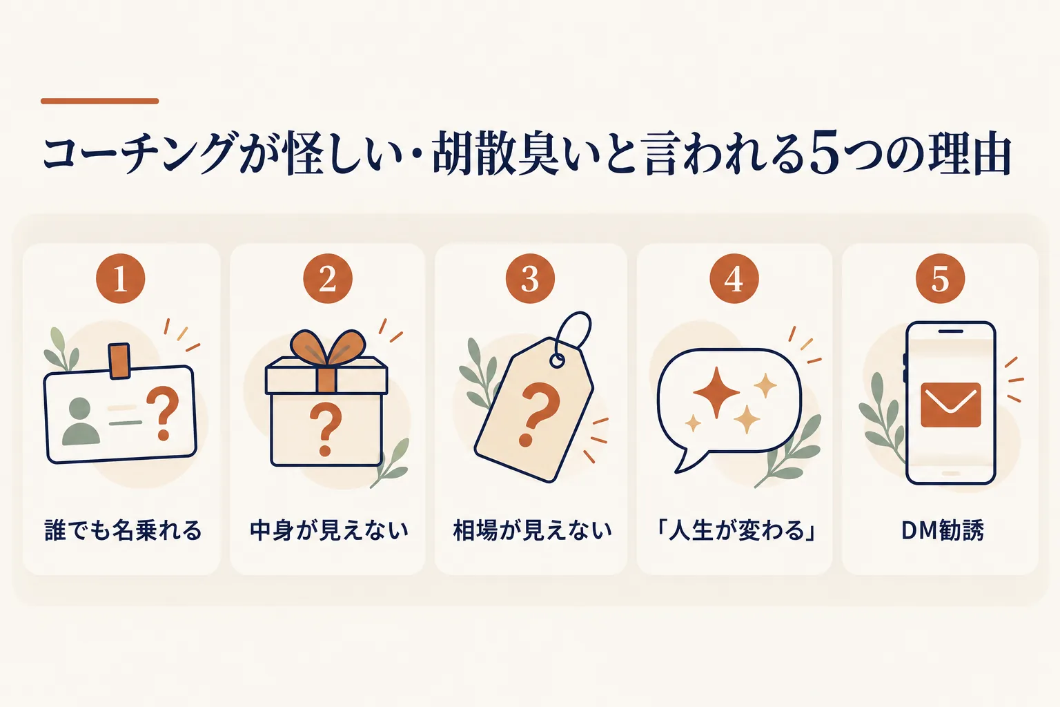 コーチングが怪しいと言われる5つの理由:誰でも名乗れる、中身が見えない、相場が見えない、「人生が変わる」、DM勧誘