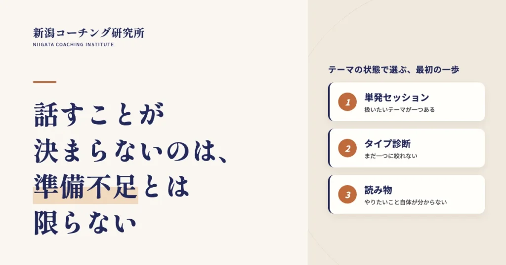 話すことが決まらないのは準備不足とは限らない。テーマの状態で選ぶ最初の一歩(単発セッション・タイプ診断・読み物)